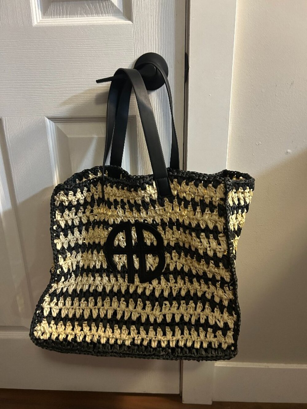 ANINE BING Black & Cream Woven Raffia Tote Bag